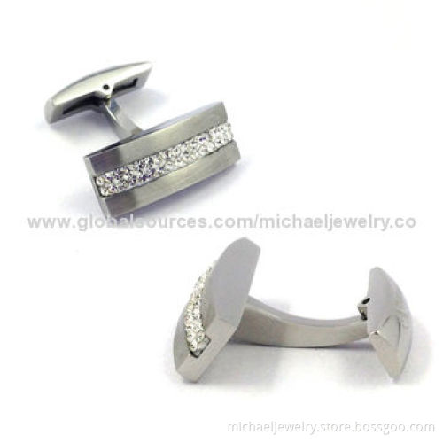 Stainless Steel Cufflinks with White Crystal PP Stones, Elegant, Arch, Brushed
